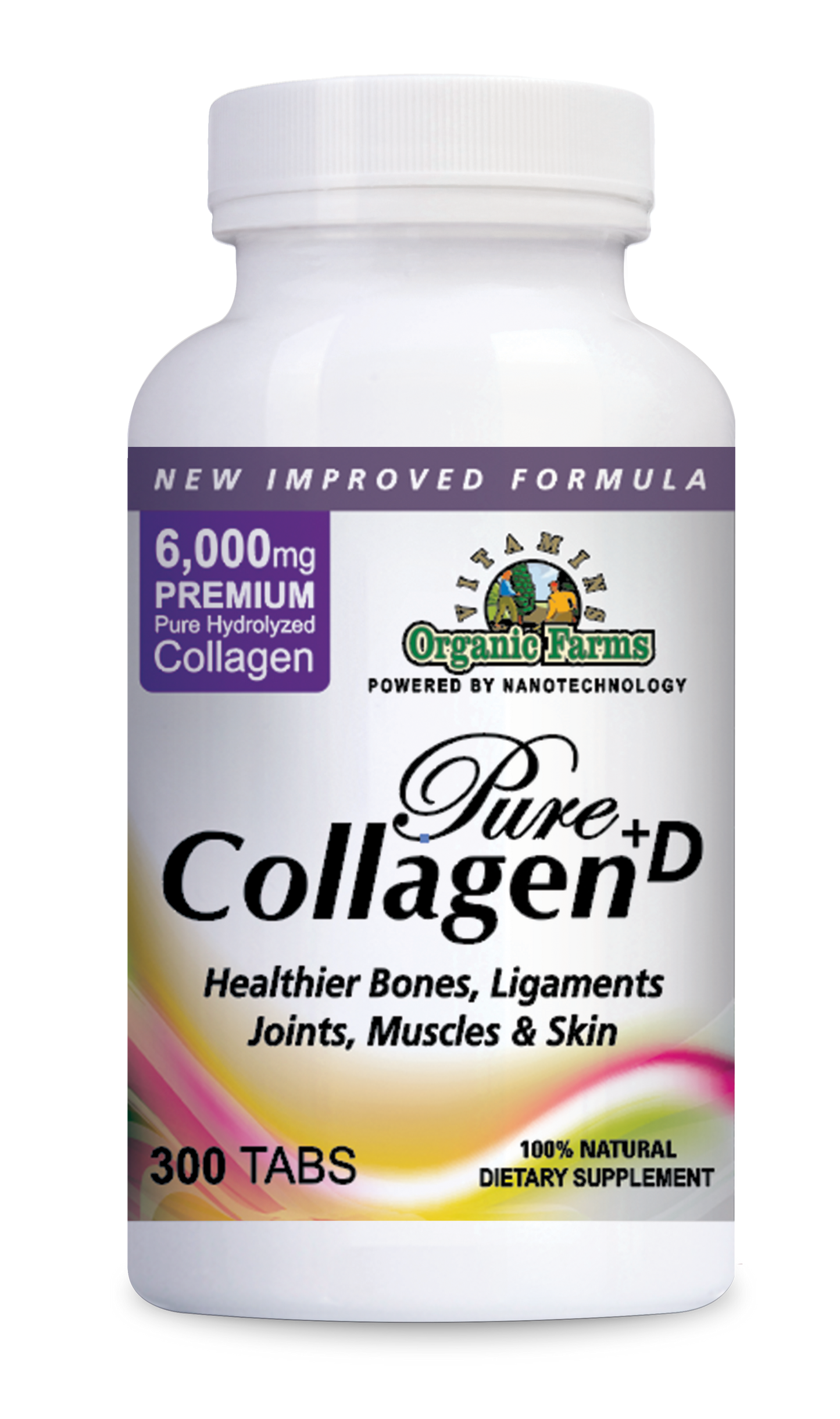 Organic Farms Vitamins Collagen Pure+D, Premium Collagen Pills 6000mg hydrolyzed Collagen peptides Type 1 & 3-100% Natural Dietary Supplement, 300 Tablets