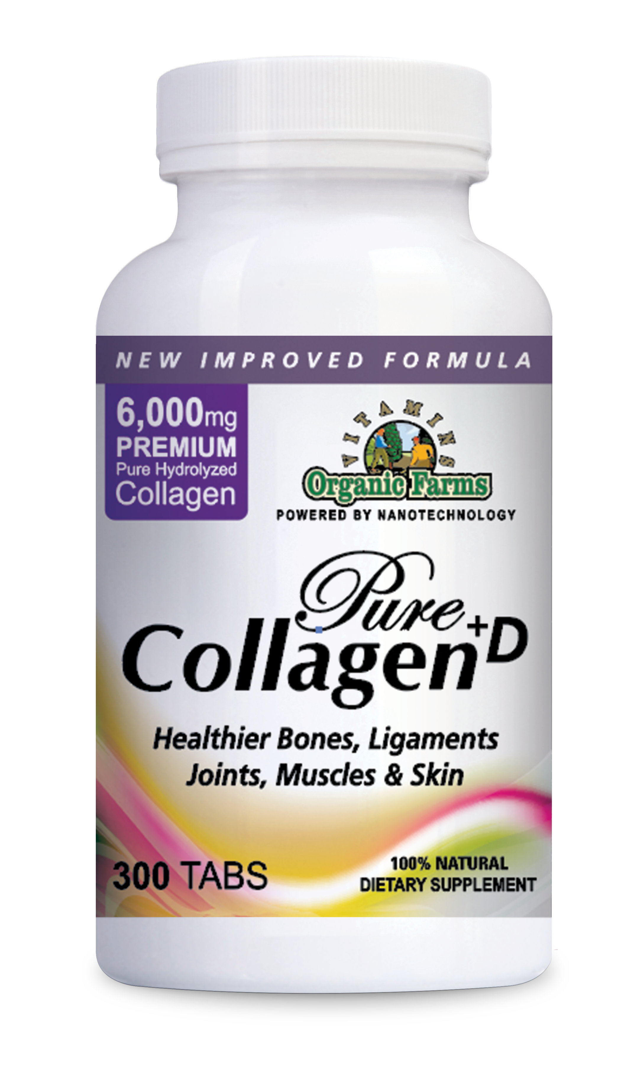 Organic Farms Vitamins Collagen Pure+D, Premium Collagen Pills 6000mg hydrolyzed Collagen peptides Type 1 & 3-100% Natural Dietary Supplement, 300 Tablets