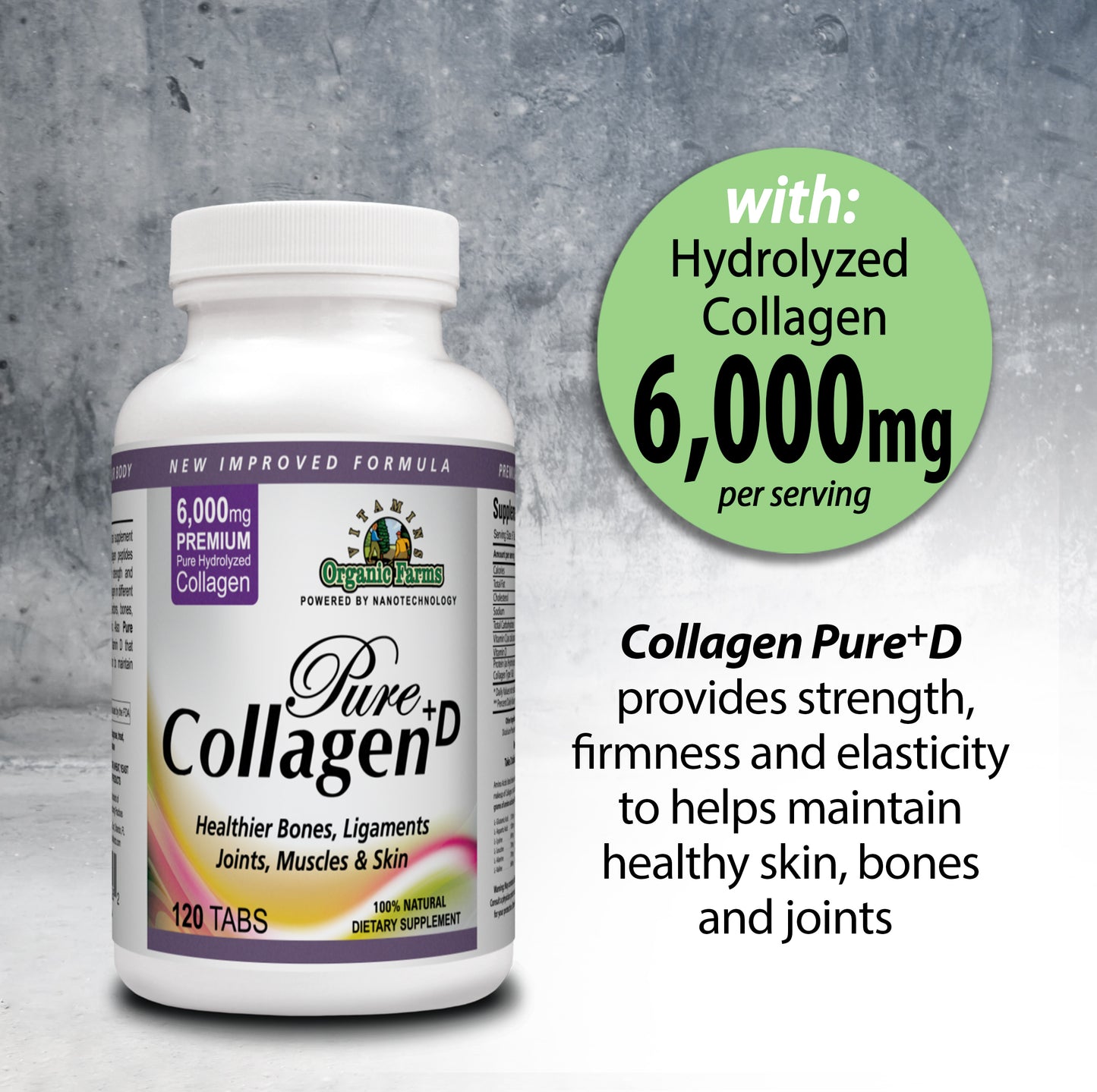 organic_farms_vitamins_collagen_pure_d_premium_collagen_pills_6000mg_hydrolyzed_collagen_peptides_type_1_3_100_natural_dietary_supplement_120_tablets