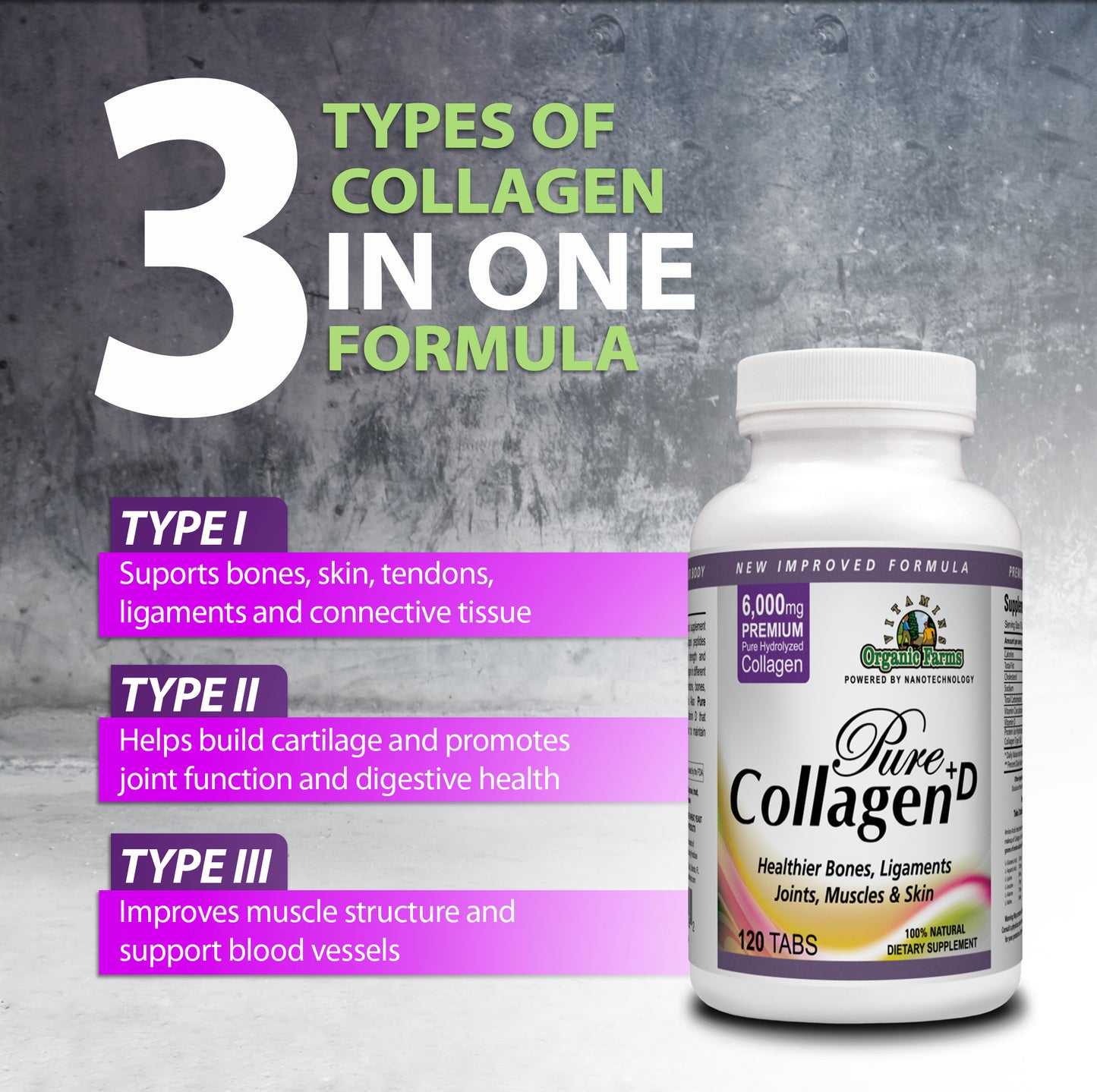 organic_farms_vitamins_collagen_pure_d_premium_collagen_pills_6000mg_hydrolyzed_collagen_peptides_type_1_3_100_natural_dietary_supplement_120_tablets